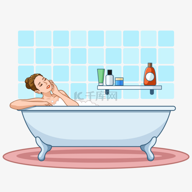 美女浴缸卡通蓝色