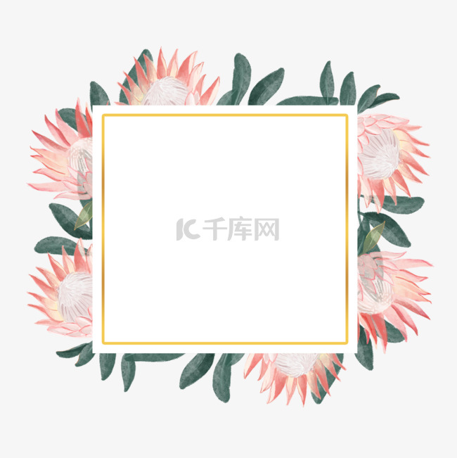 普罗蒂亚花卉水彩正方形粉色边框