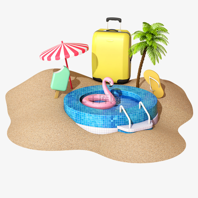 夏天C4D立体创意3D夏日海滩沙滩
