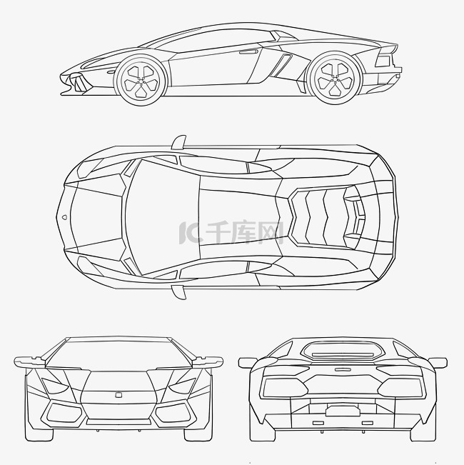 轿车汽车三视图线条线描