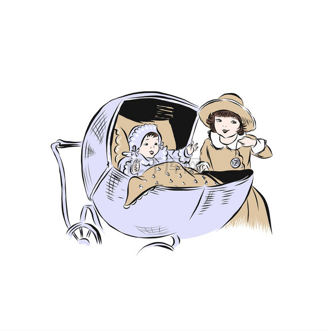 姐姐和新生的弟弟一起躺在婴儿车