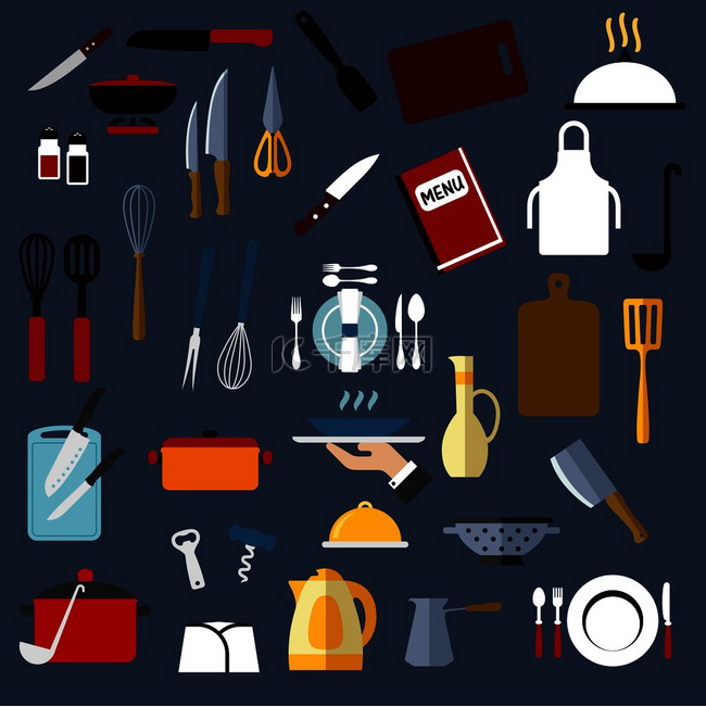 厨师帽、锅、刀、砧板、叉子、勺