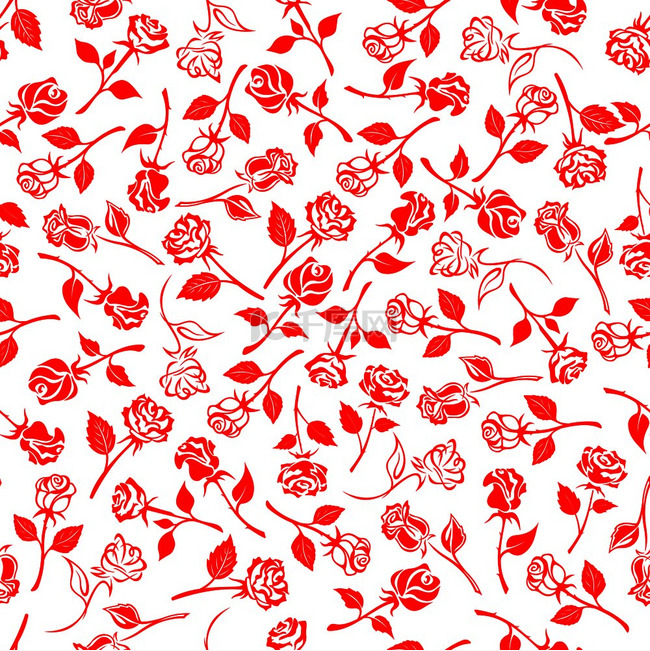 无缝明亮的红玫瑰图案在白色背景