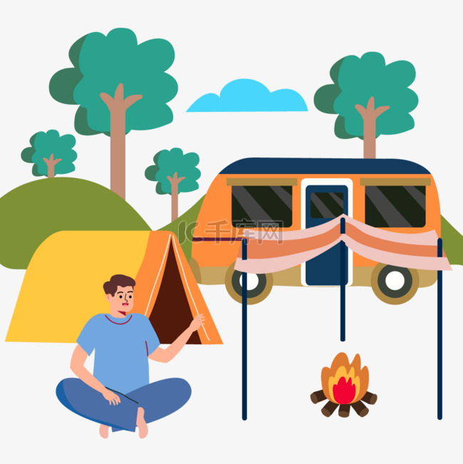 夏季露营黄色小帐篷和房车