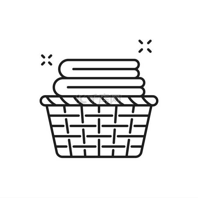 洗衣篮与毛巾隔离细线图标矢量堆