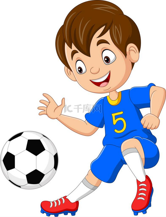 卡通小男孩踢足球的矢量图解