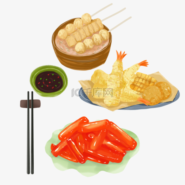 肉丸串炸物炒年糕插画