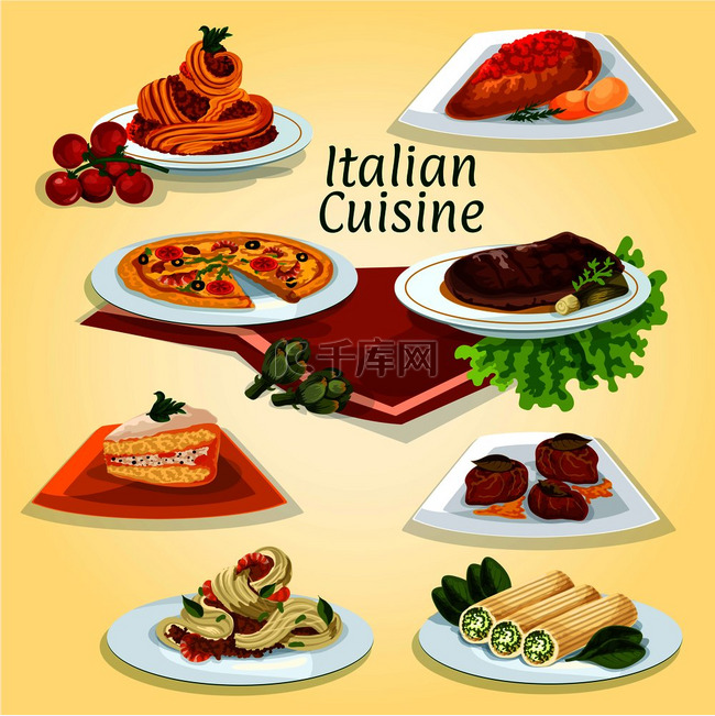 意大利美食晚餐图标的流行菜肴包