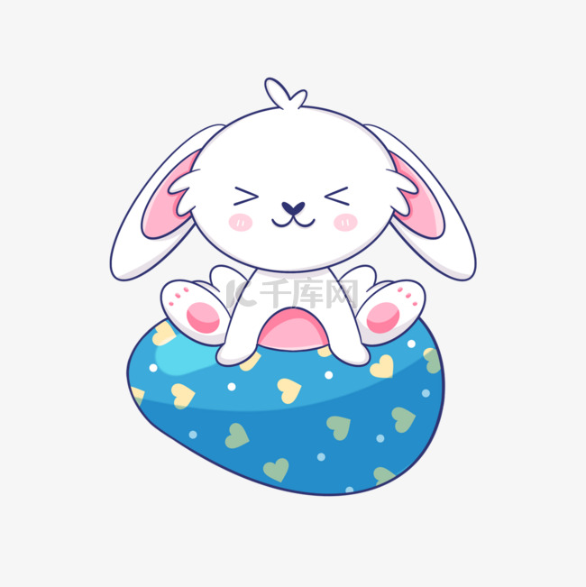 坐在彩蛋上的复活节卡通可爱兔子