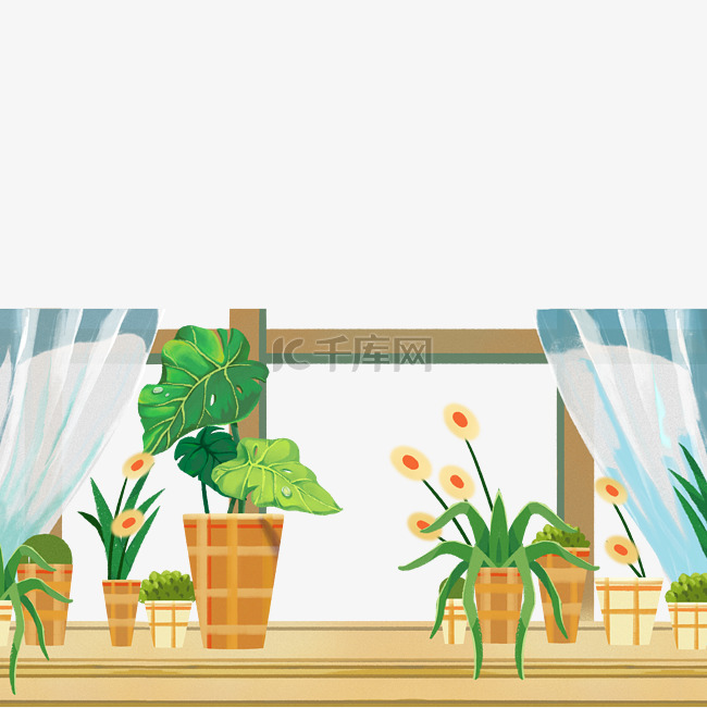 窗前窗台窗帘绿植盆栽