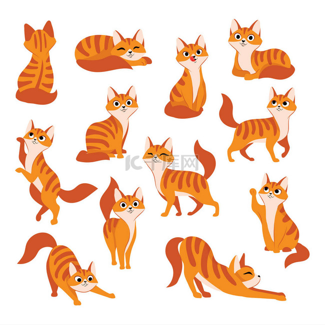 不同姿势的红色可爱猫。矢量漫画