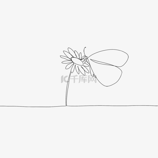 抽象线条画简单花朵蝴蝶