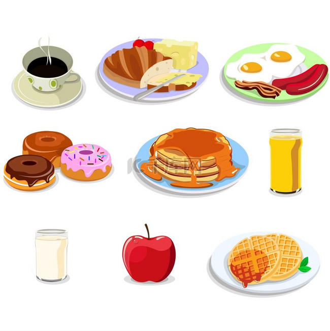 早餐食物插图图标集的矢量插图
