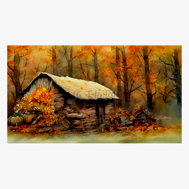 秋季的木屋水墨