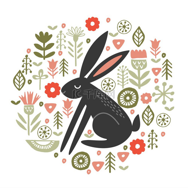 嫩春花中的黑野兔。