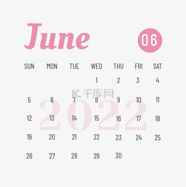 简单可印刷的月历2022年六月月历