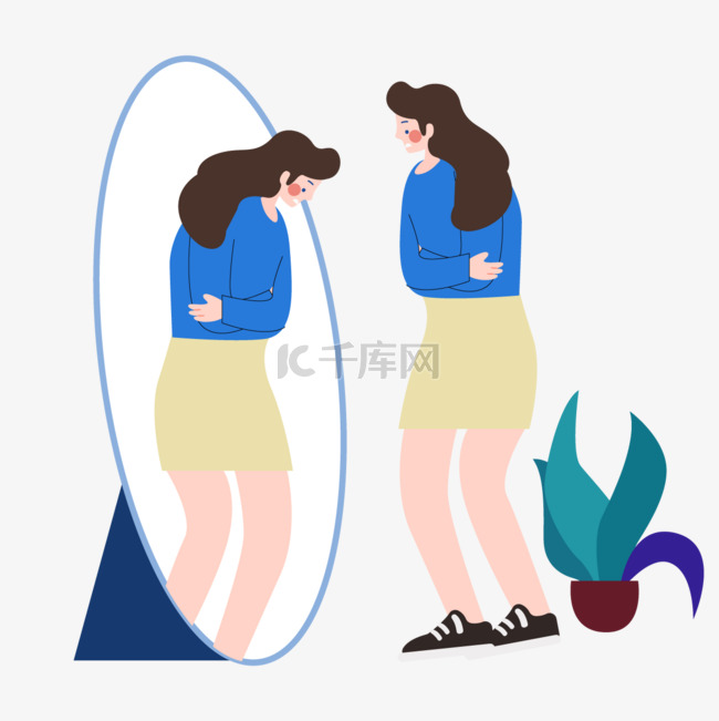 发胖的女生照镜子人物自卑插画