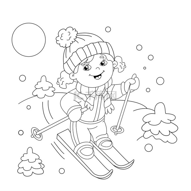 着色页大纲的卡通女孩骑在雪橇上