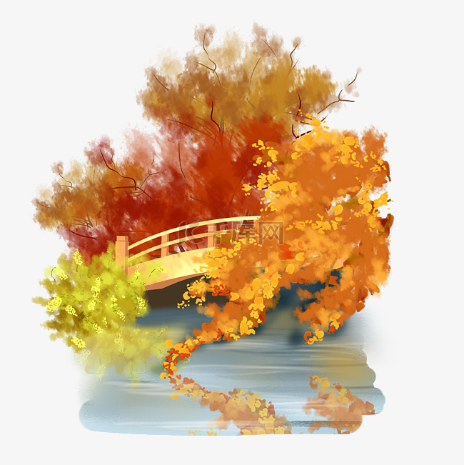 秋天小桥树木景色