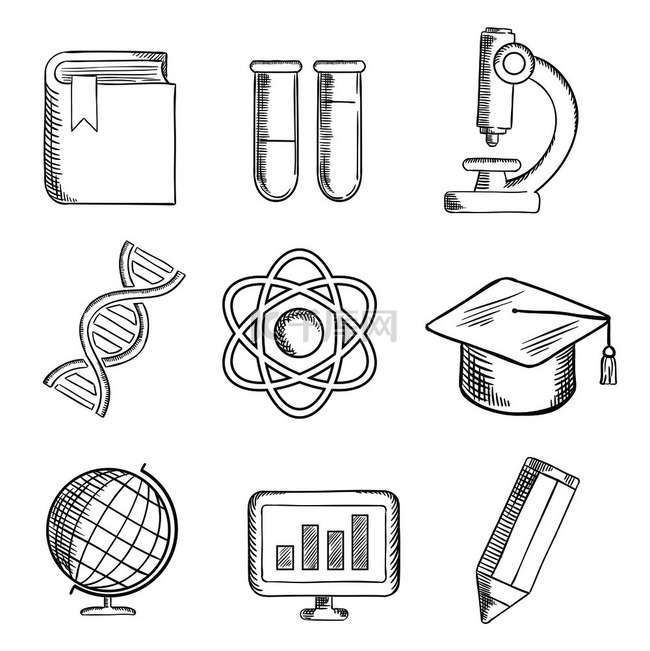 教育和科学素描图标与地球仪、d