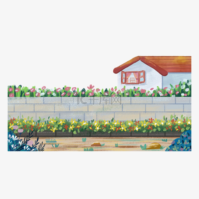 夏季植物花丛围墙房子