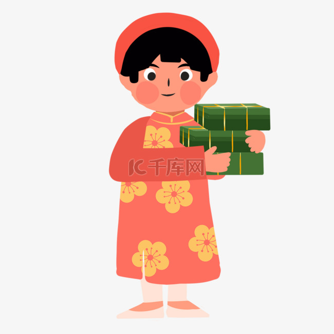 穿着红色传统服装抱着方棕的越南
