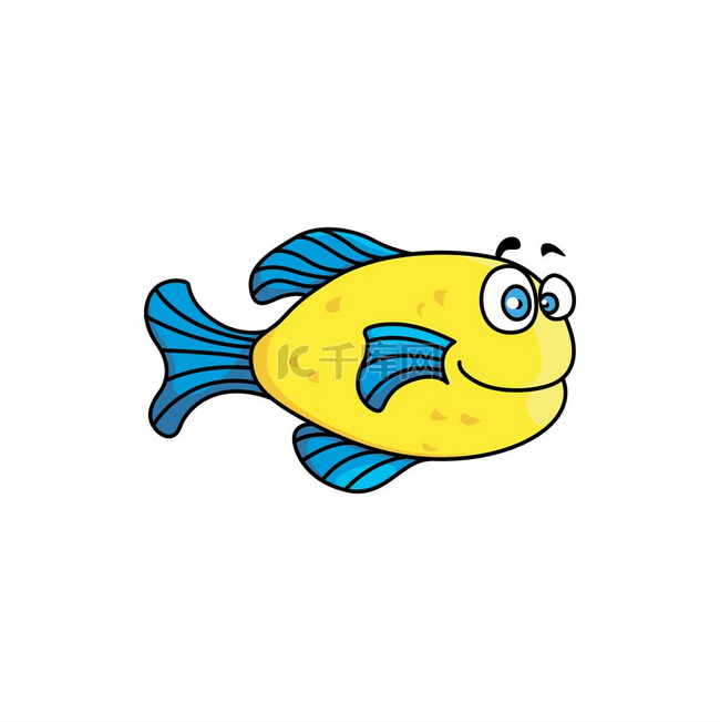 卡通黄色鱼与蓝色鳍孤立的海洋动