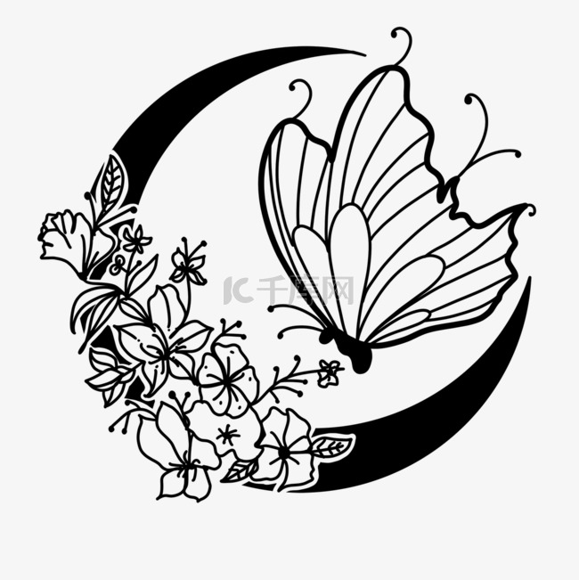 一只侧面黑色蝴蝶和花卉月亮剪影