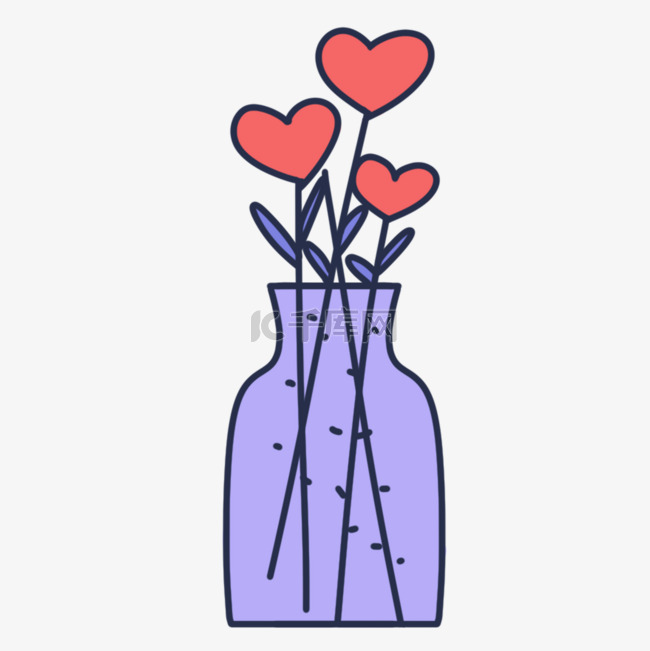 蓝色花瓶和红色爱心花朵