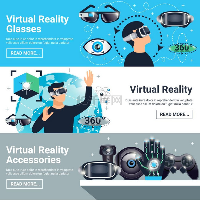 虚拟现实横幅集三个水平虚拟现实