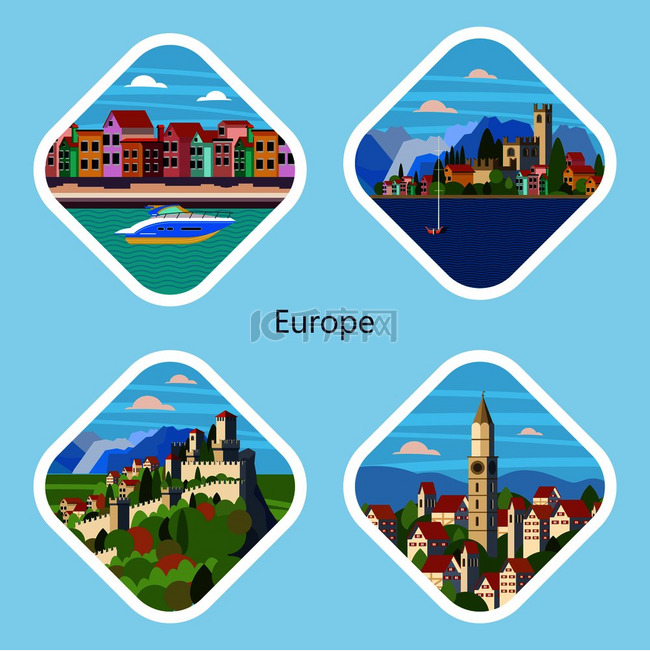欧洲城市和传统欧洲风景的图标视