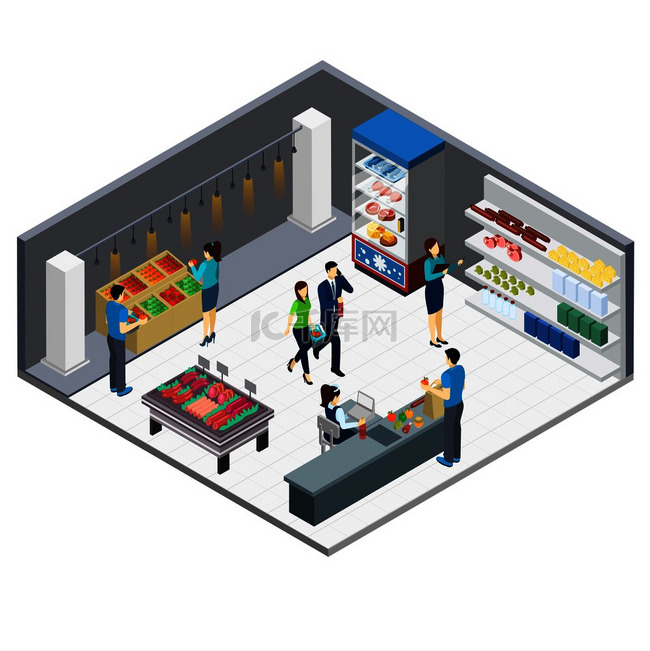 杂货店等轴测内部与顾客前来购物