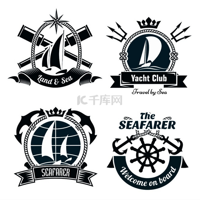 游艇俱乐部或帆船运动复古符号和