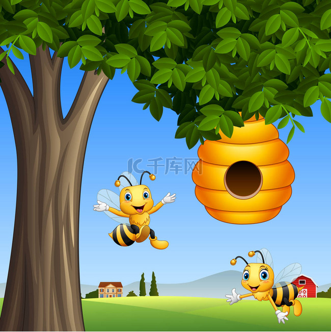 蜂蜜树下的卡通蜜蜂