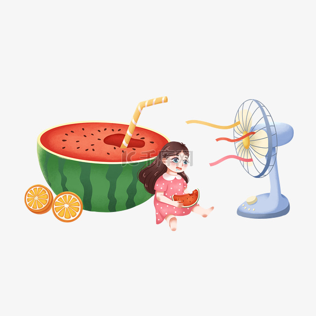 小暑女孩清凉吃西瓜吹电风扇