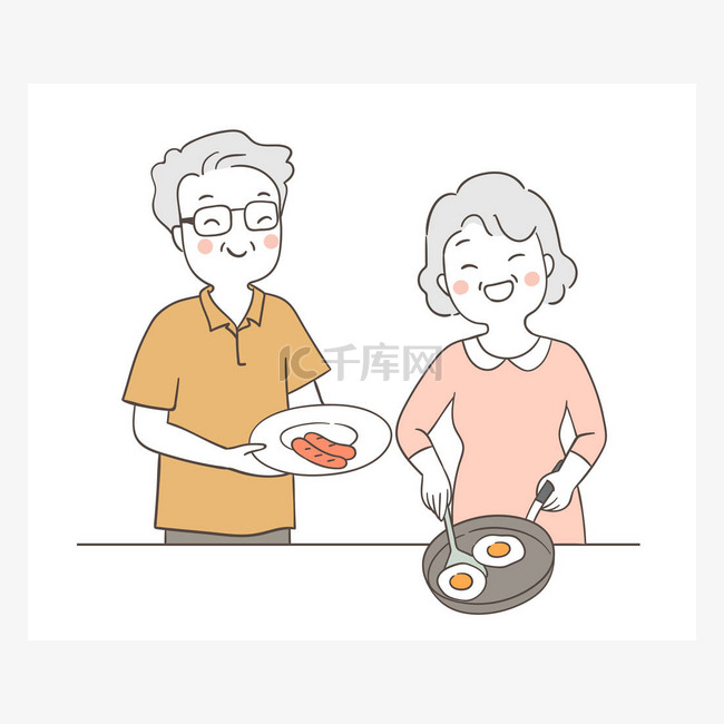 画年迈的老奶奶和爷爷做饭。矢量