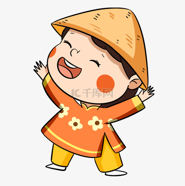 越南春节大笑的黄衣小男孩