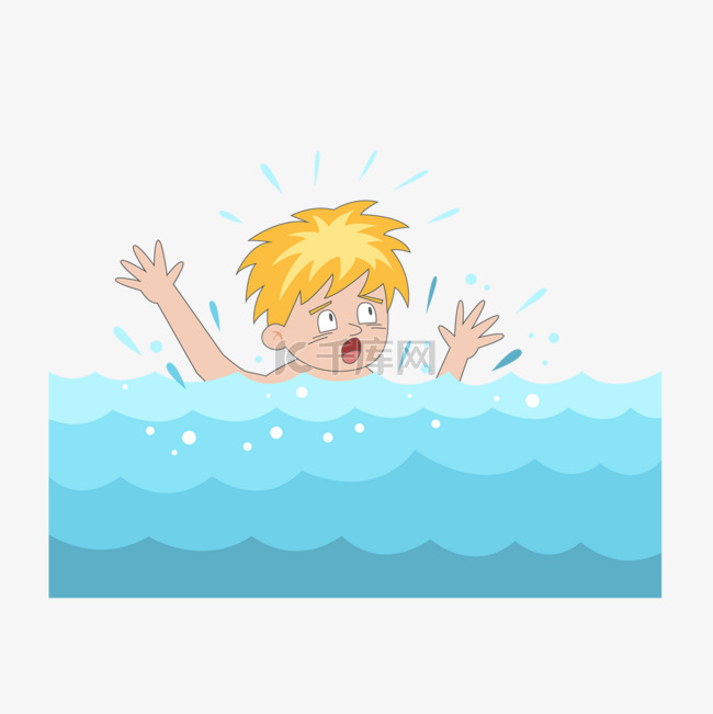 男孩游泳溺水呼救概念插画