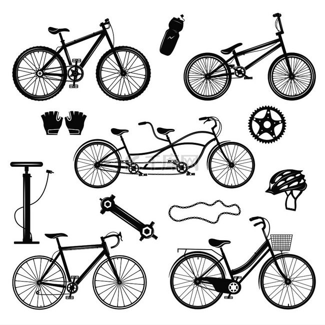 自行车复古元素集合的孤立剪影图