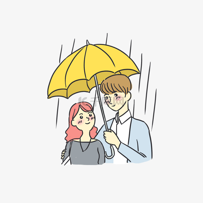 下雨天撑伞情侣手绘卡通元素
