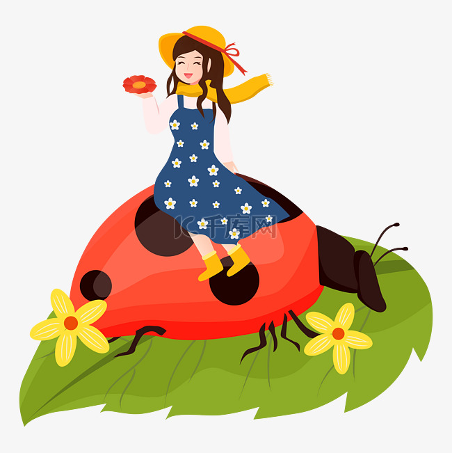 春季骑着瓢虫的女孩