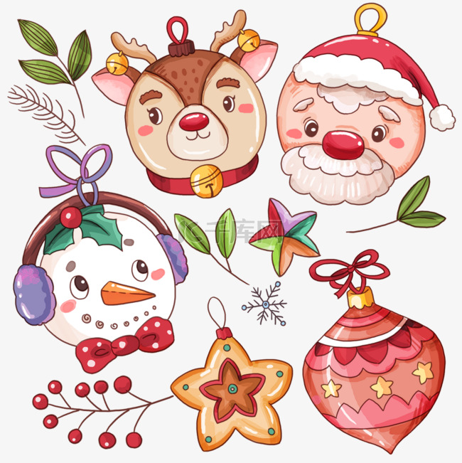圣诞节圣诞球动物礼物卡通水彩画
