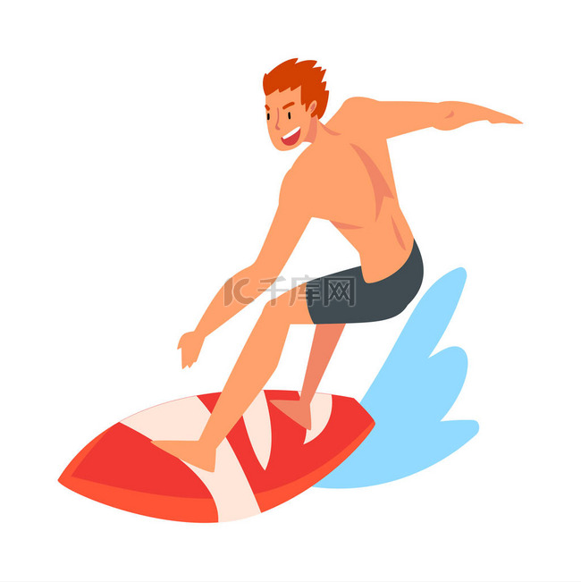 男性冲浪者角色骑在海浪与冲浪板