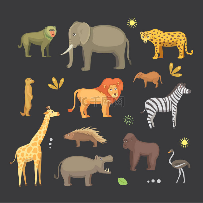 非洲动物卡通矢量集。大象、 犀