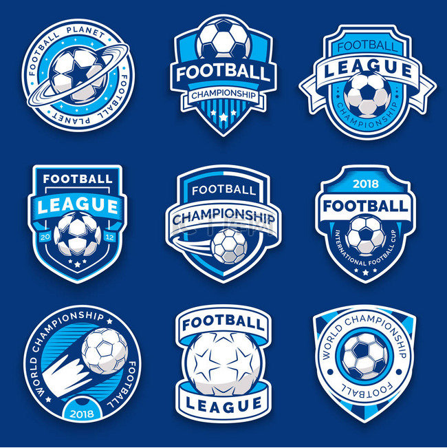 一套九足球徽章。足球标志。橄榄