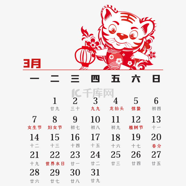 2022虎年3月剪纸日历