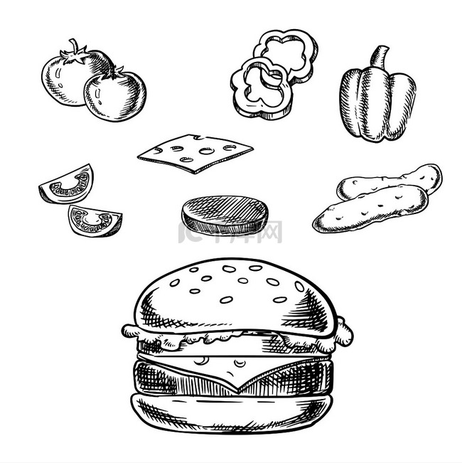 芝士汉堡草图，配有烤肉饼、奶酪