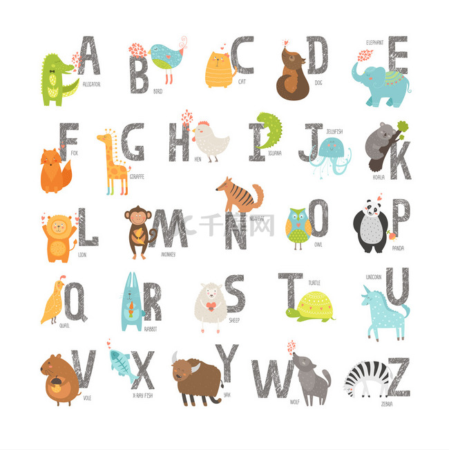 可爱的矢量动物园字母表