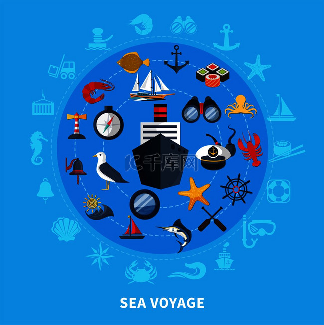 航海概念与船海鸥和蓝色背景平面
