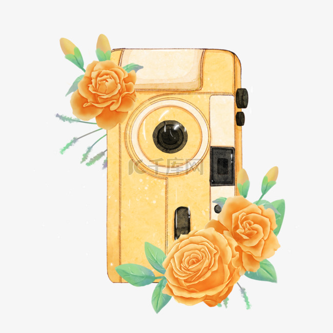 黄色相机水彩花卉